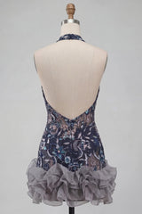 Sparkly Floral Ruffled Navy Tight Halter Beaded Short Homecoming Dress