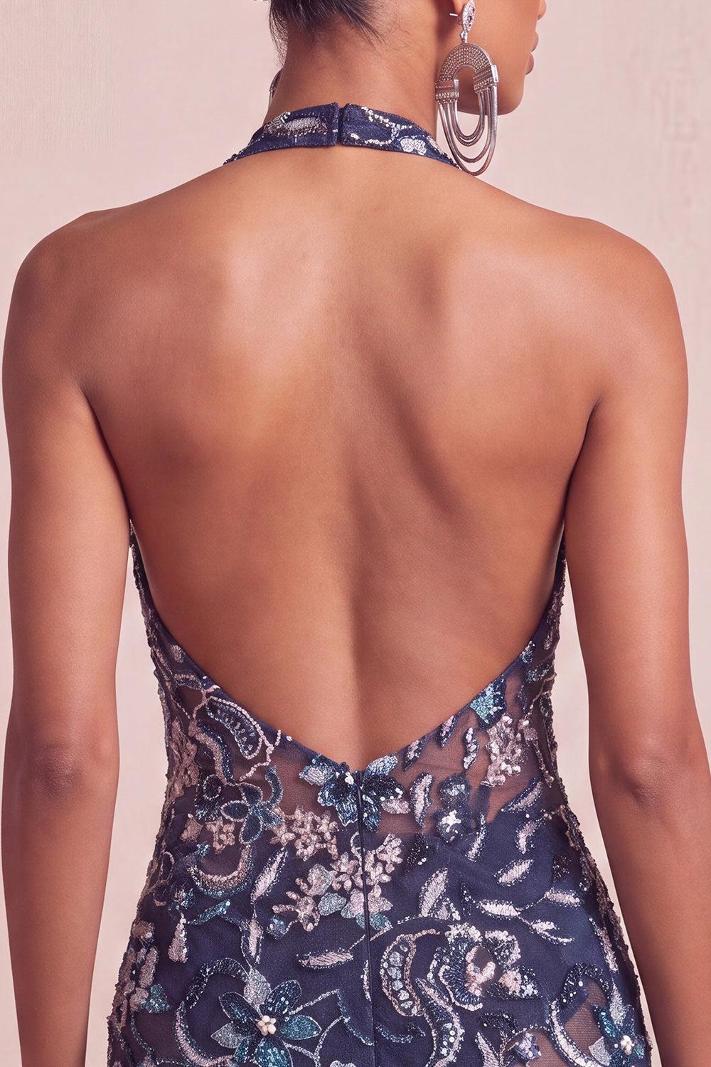Sparkly Floral Ruffled Navy Tight Halter Beaded Short Homecoming Dress