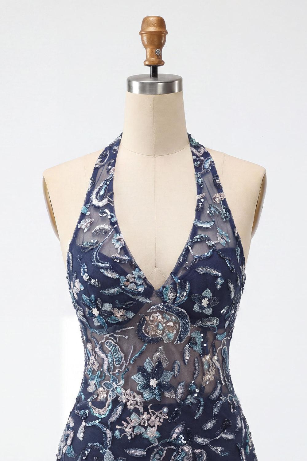 Sparkly Floral Ruffled Navy Tight Halter Beaded Short Homecoming Dress