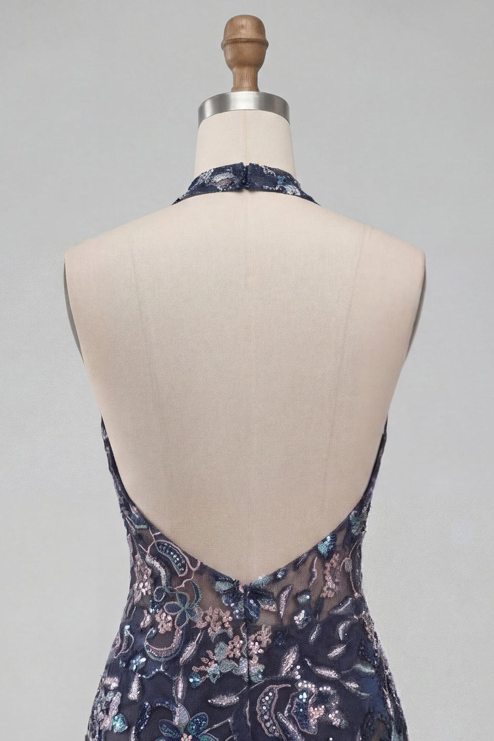 Sparkly Floral Ruffled Navy Tight Halter Beaded Short Homecoming Dress