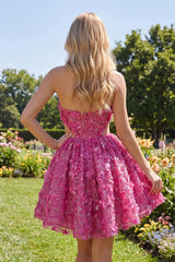 Sparkly Fuchsia A Line Corset Cut Out Floral Beaded Short Homecoming Dress