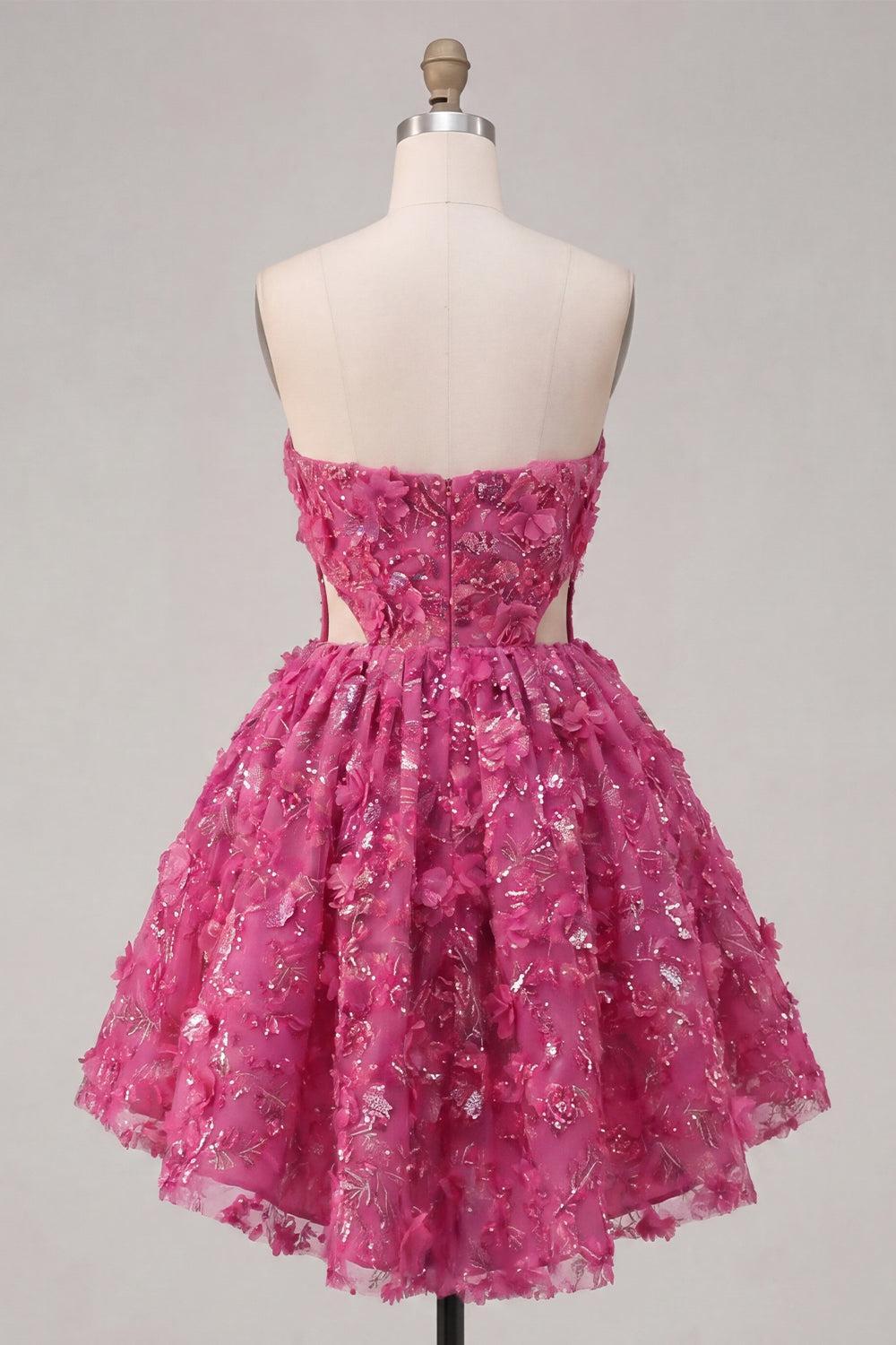 Sparkly Fuchsia A Line Corset Cut Out Floral Beaded Short Homecoming Dress