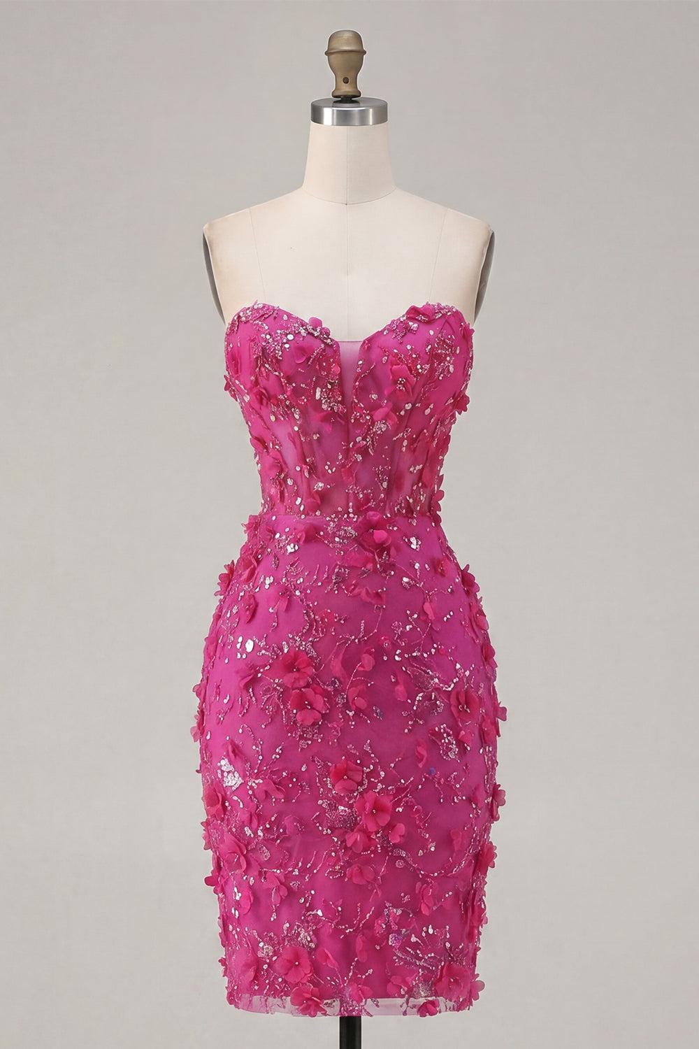 Sparkly Fuchsia Corset Floral Sweetheart Tight Short Homecoming Dress with Beading
