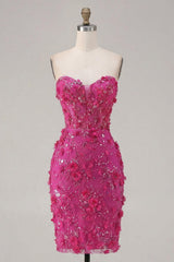 Sparkly Fuchsia Corset Floral Sweetheart Tight Short Homecoming Dress with Beading