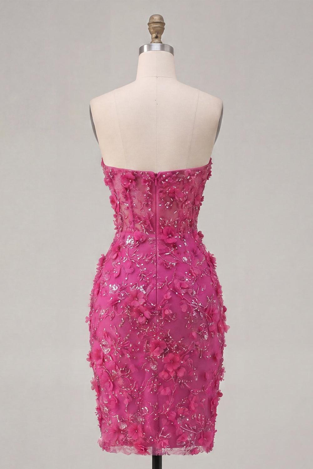 Sparkly Fuchsia Corset Floral Sweetheart Tight Short Homecoming Dress with Beading