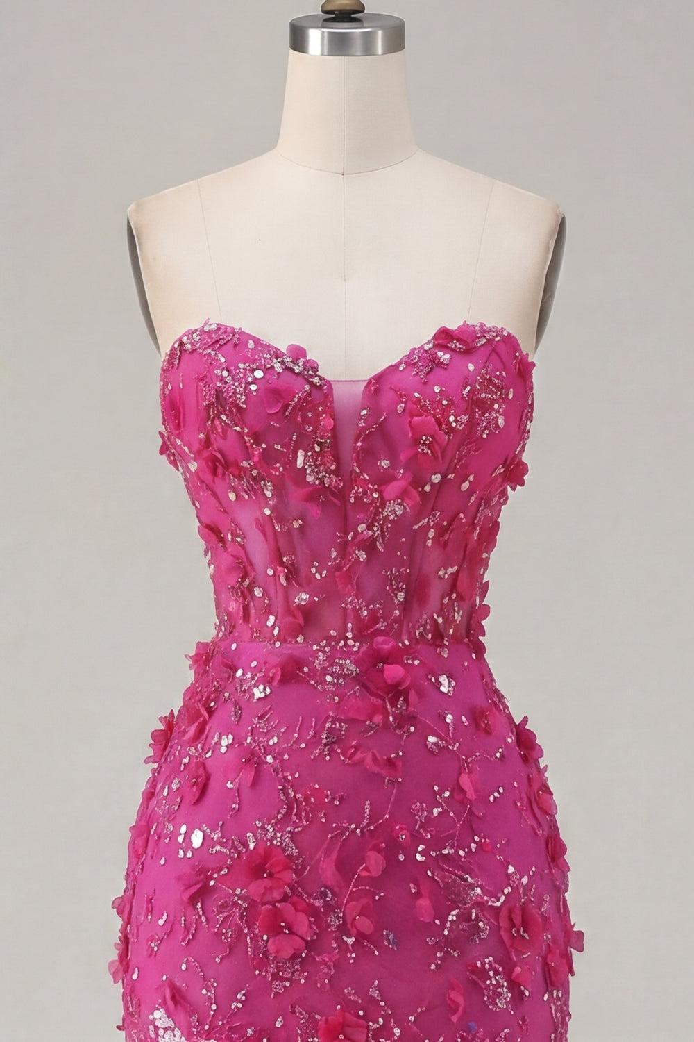 Sparkly Fuchsia Corset Floral Sweetheart Tight Short Homecoming Dress with Beading