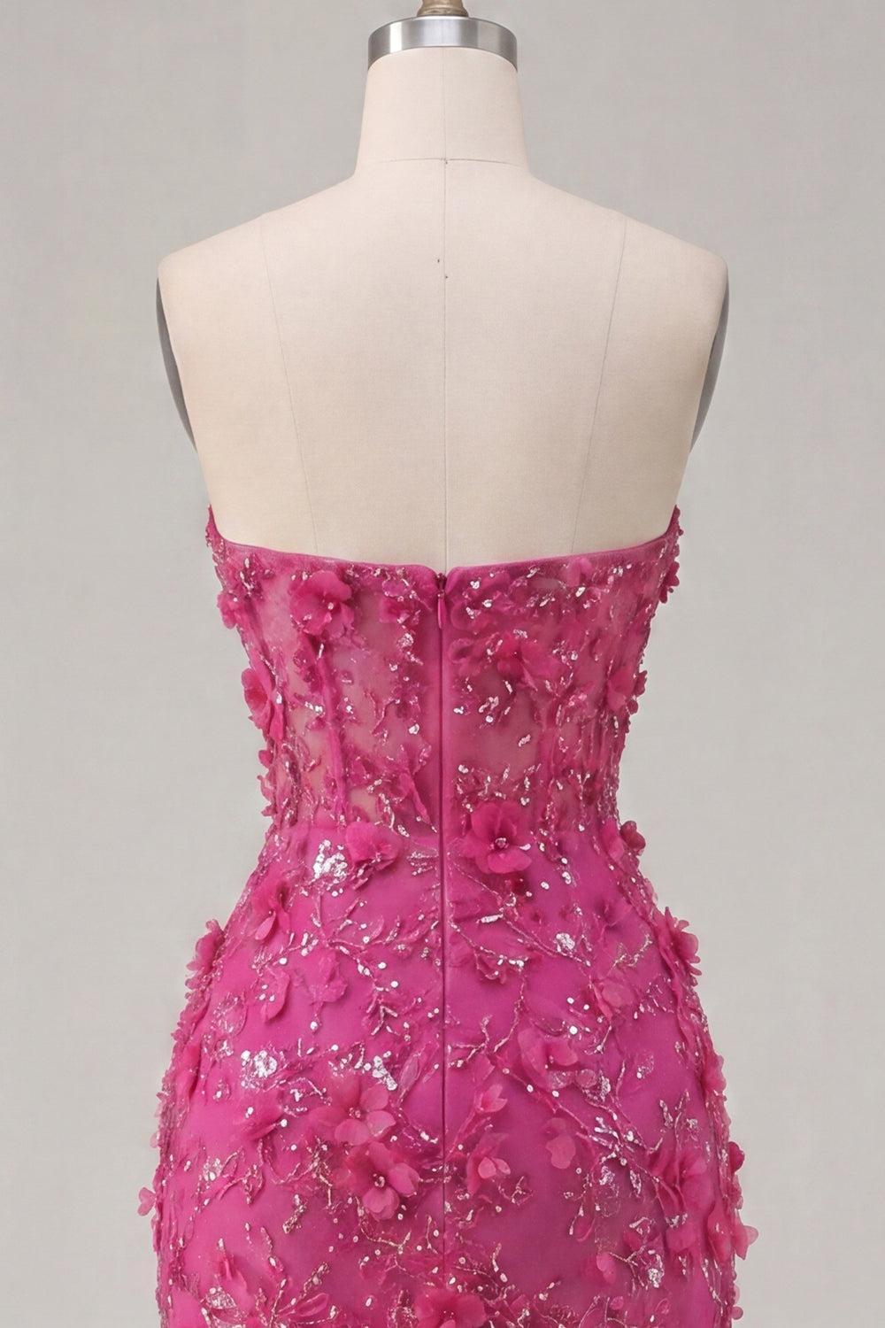 Sparkly Fuchsia Corset Floral Sweetheart Tight Short Homecoming Dress with Beading