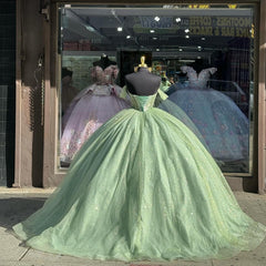 Sparkly & Glitter Ball Gown Off Shoulder Beaded Sage Green Tulle Quinceanera Dresses Princess Cocktail Party Gown Formal Eveing Dress For Sweet 16