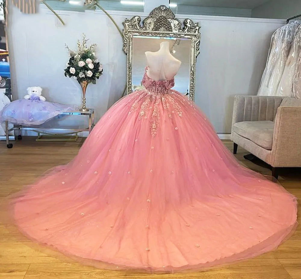 Sparkly & Glitter Ball Gown Off Shoulder Floral Applique Beaded Pink Tulle Quinceanera Dress Birthday Party Gowns For Sweet 16
