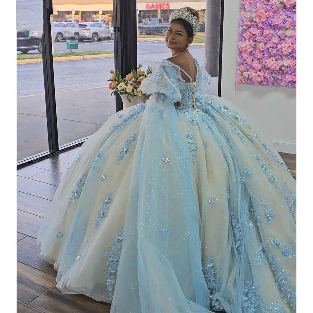 Sparkly & Glitter Ball Gown Off Shoulder Lace Applique Beaded Sky Blue Tulle Quinceanera Dress Princess Party Gown For Sweet 16