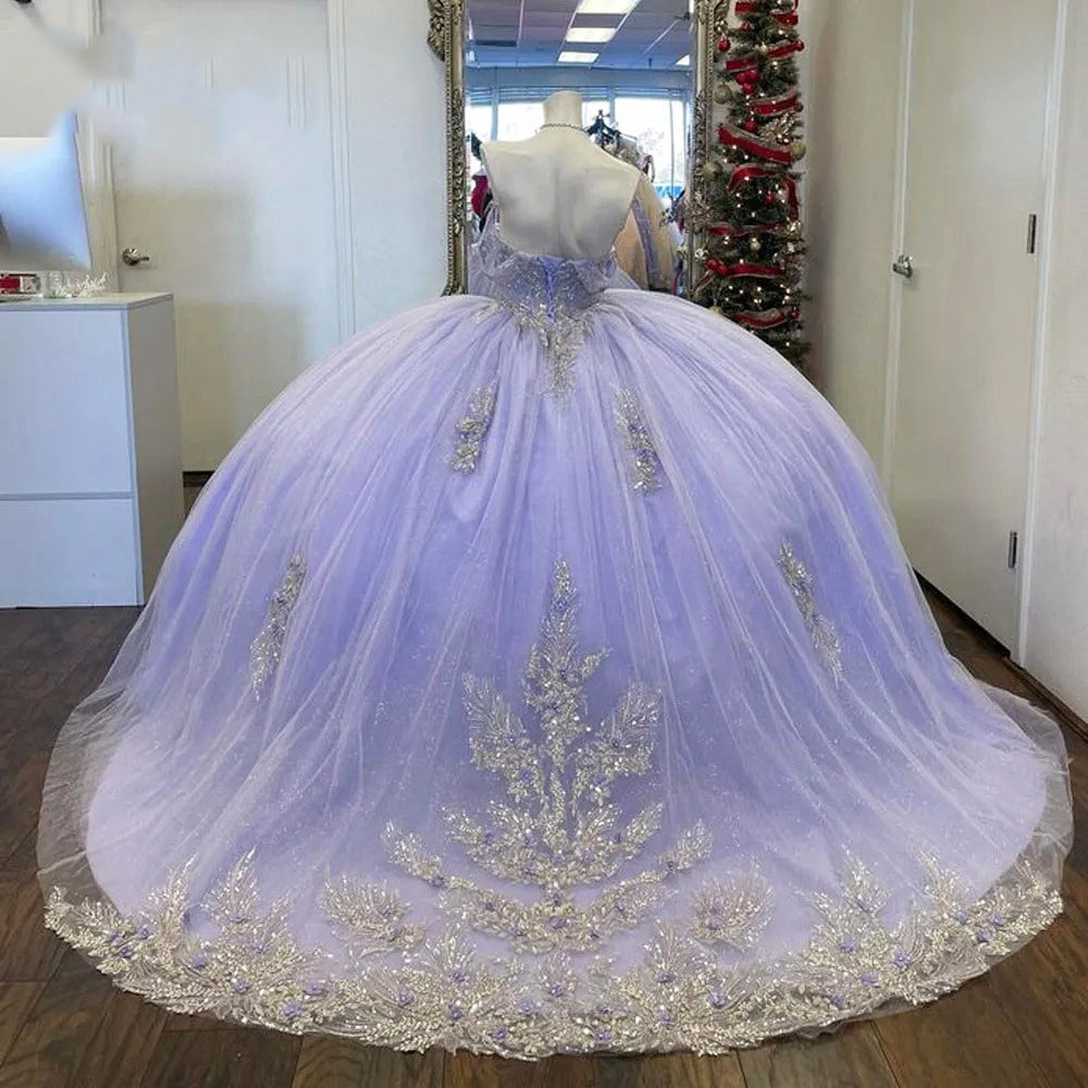 Sparkly & Glitter Ball Gown Off Shoulder Lace Appliques Beaded Lavender Tulle Quinceanera Dress Evening Party Dress For Sweet 16