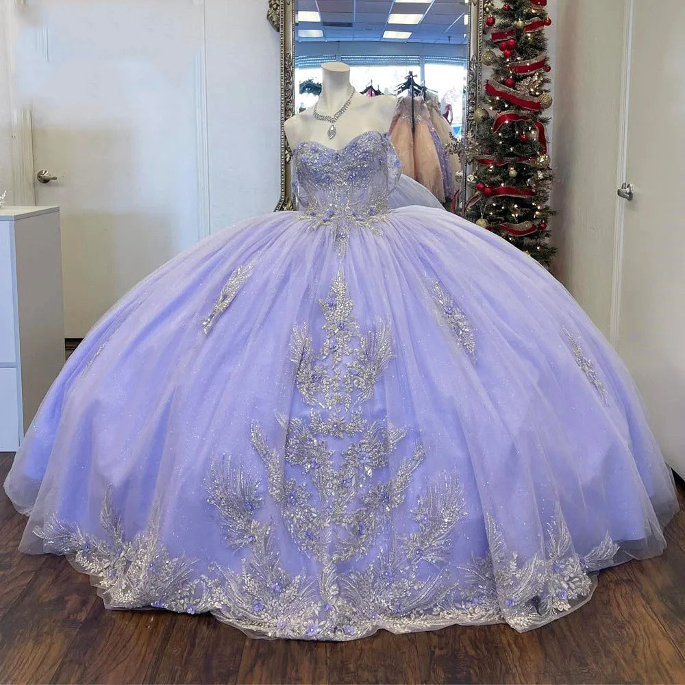 Sparkly & Glitter Ball Gown Off Shoulder Lace Appliques Beaded Lavender Tulle Quinceanera Dress Evening Party Dress For Sweet 16