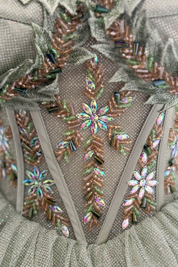 Sparkly & Glitter Ball Gown Sweetheart Neck Sleeveless Beaded Sage Tulle Green Quinceanera Dress Formal Evening Party Gown For Sweet 16