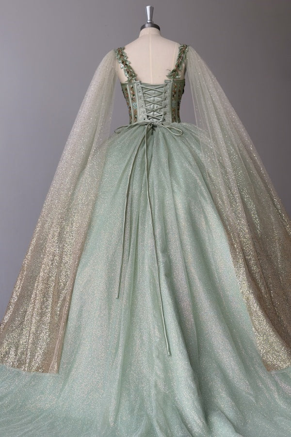 Sparkly & Glitter Ball Gown Sweetheart Neck Sleeveless Beaded Sage Tulle Green Quinceanera Dress Formal Evening Party Gown For Sweet 16