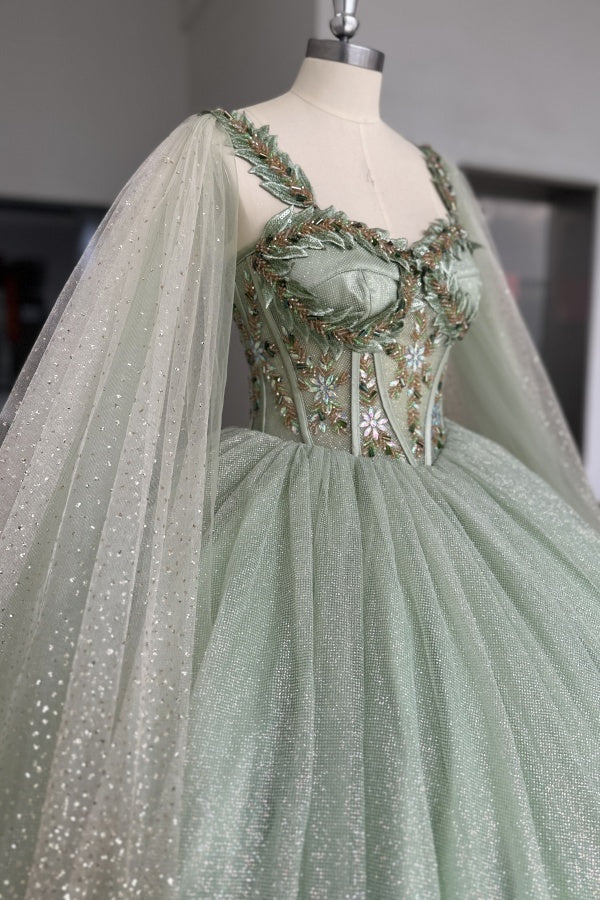 Sparkly & Glitter Ball Gown Sweetheart Neck Sleeveless Beaded Sage Tulle Green Quinceanera Dress Formal Evening Party Gown For Sweet 16