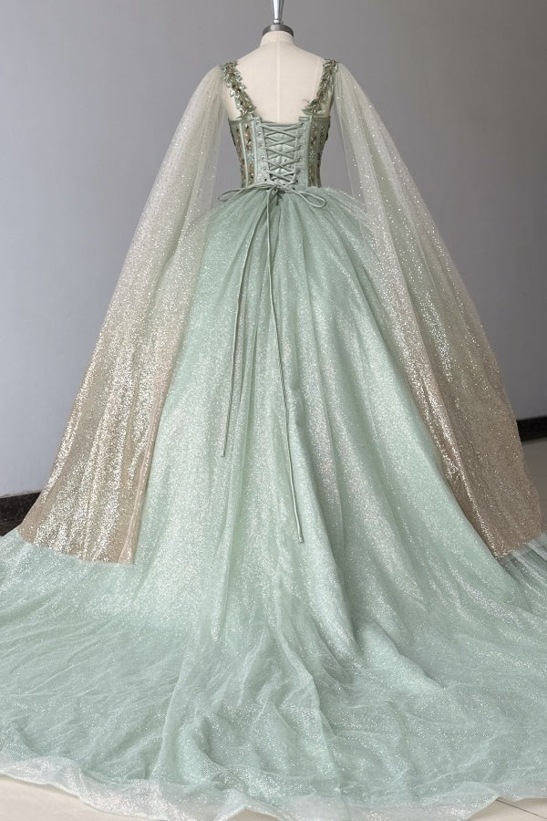 Sparkly & Glitter Ball Gown Sweetheart Neck Sleeveless Beaded Sage Tulle Green Quinceanera Dress Formal Evening Party Gown For Sweet 16