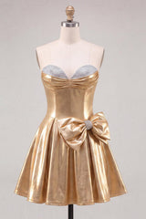Sparkly Gold A Line Metallic Beaded Short Homecoming Dress with Bow