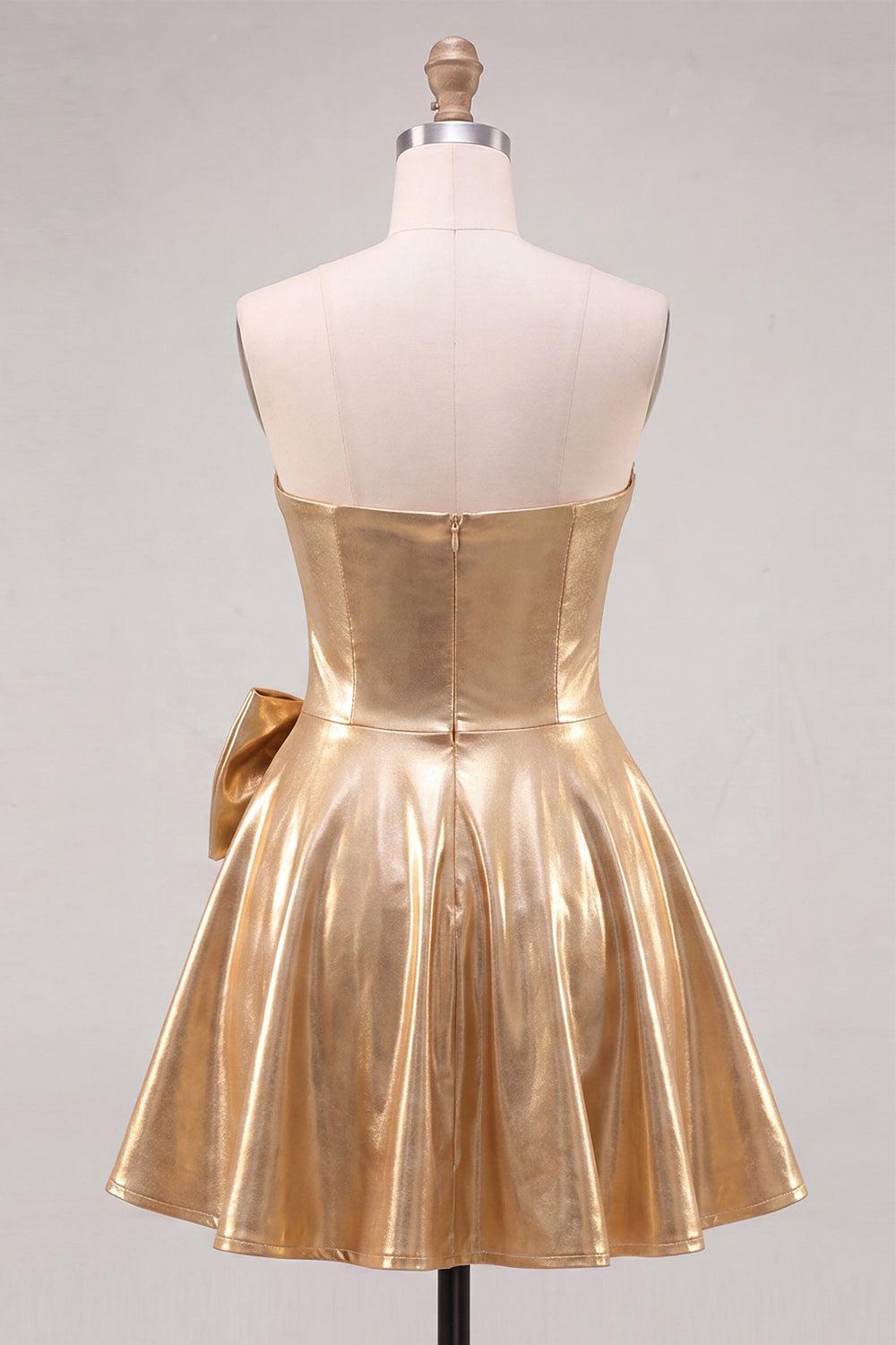 Sparkly Gold A Line Metallic Beaded Short Homecoming Dress with Bow