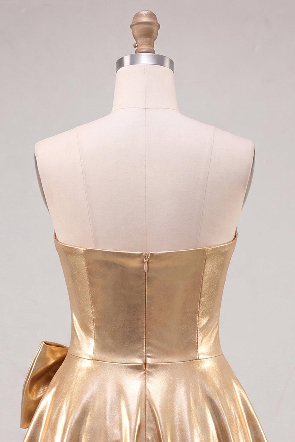 Sparkly Gold A Line Metallic Beaded Short Homecoming Dress with Bow