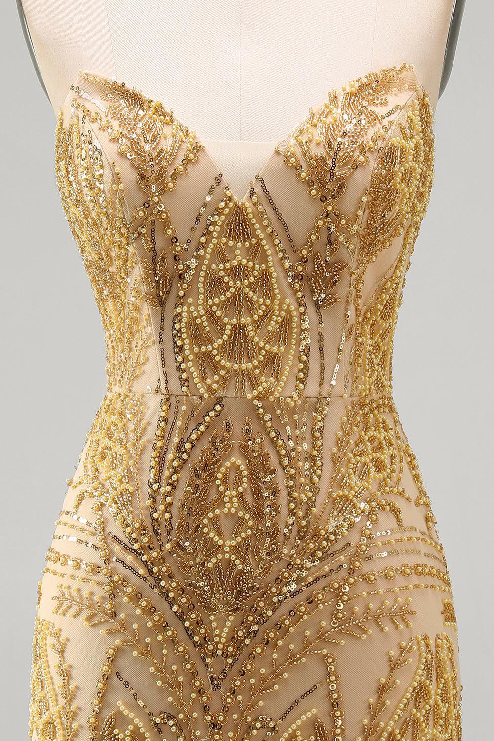 Sparkly Gold Beaded Tight Short Homecoming Dress