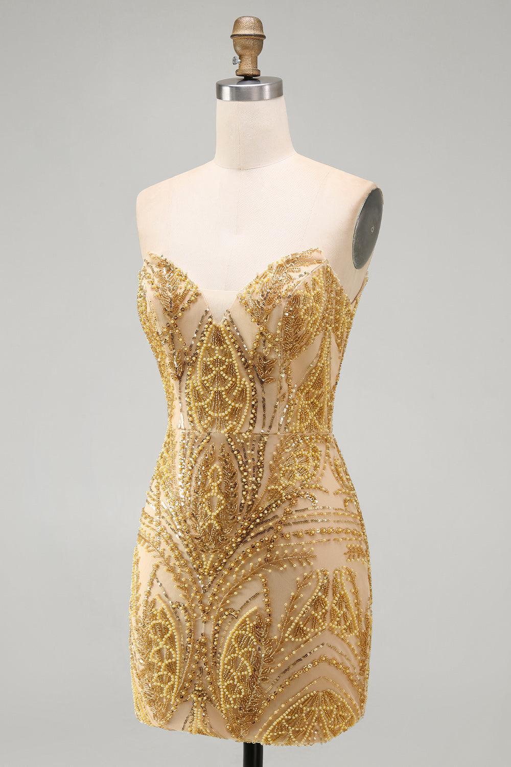 Sparkly Gold Beaded Tight Short Homecoming Dress