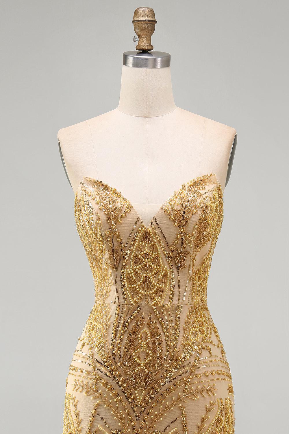 Sparkly Gold Beaded Tight Short Homecoming Dress