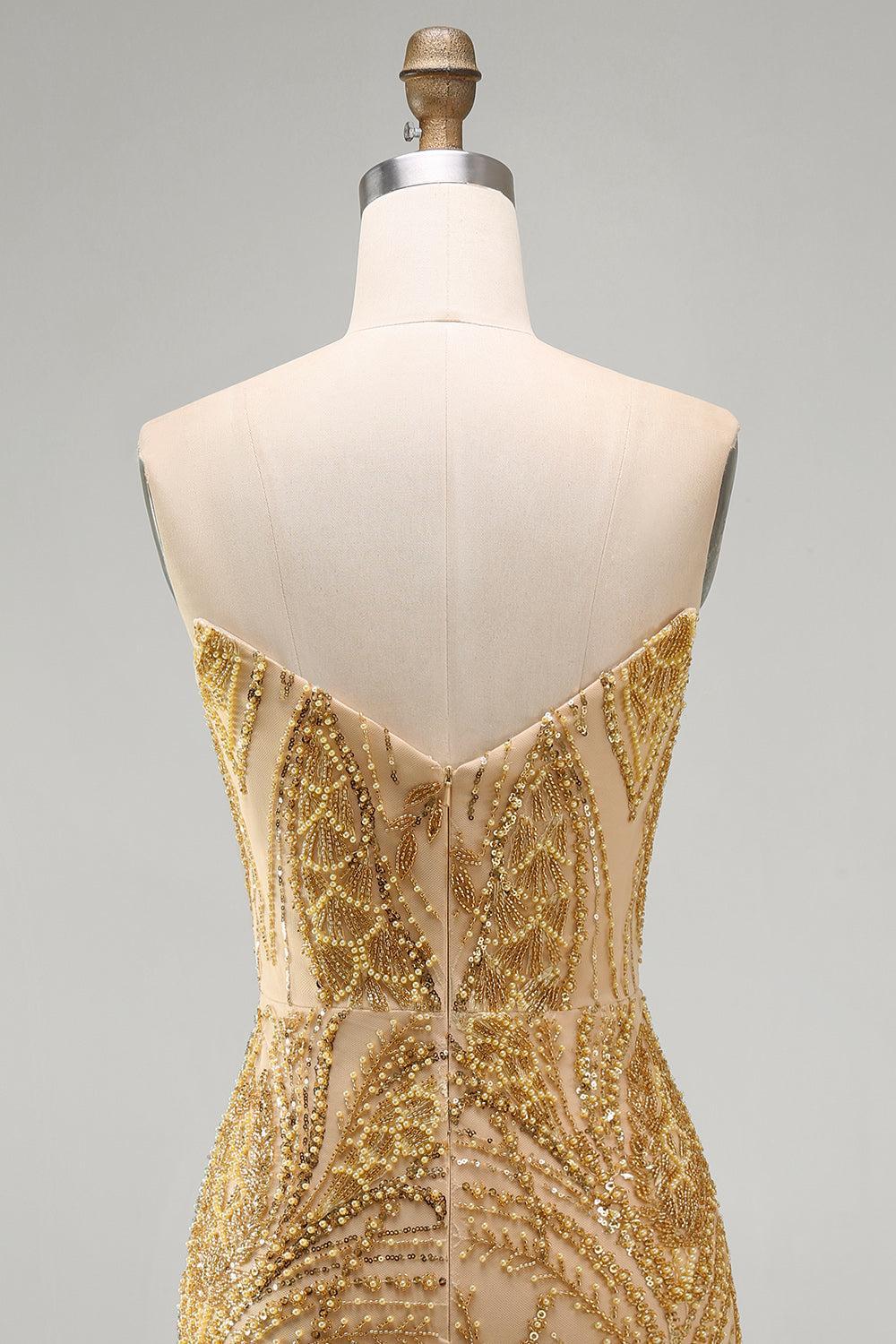 Sparkly Gold Beaded Tight Short Homecoming Dress