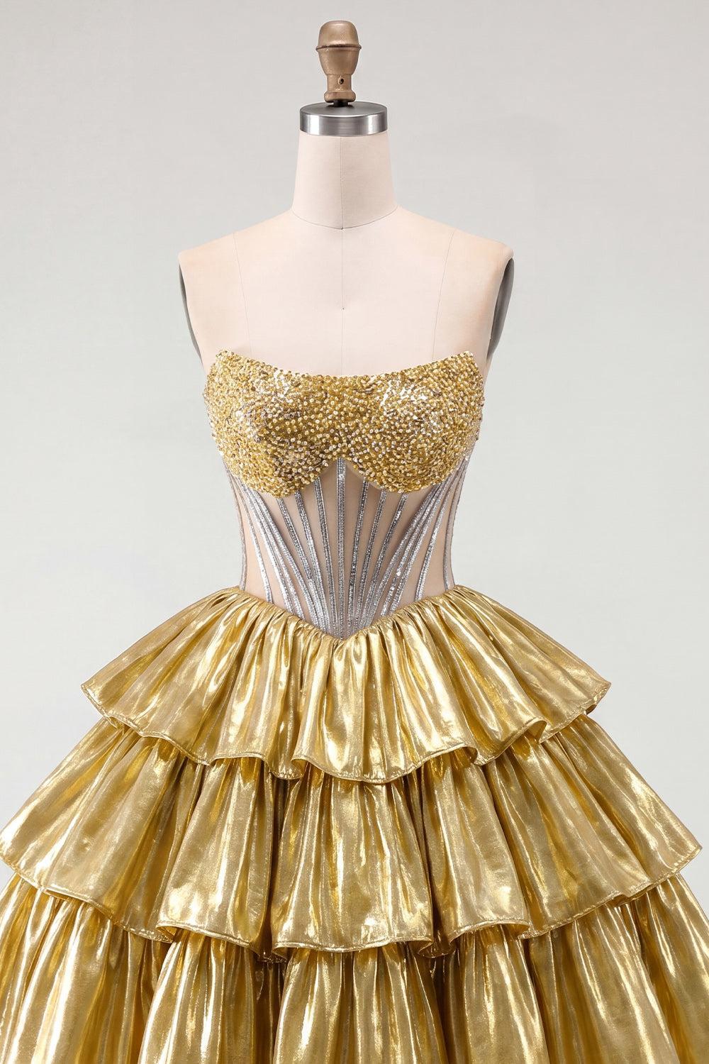 Sparkly Golden A Line Short Beaded Strapless Corset Metallic Homecoming Dress