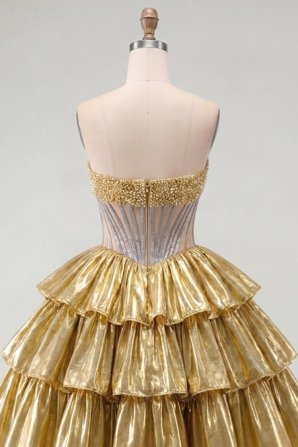 Sparkly Golden A Line Short Beaded Strapless Corset Metallic Homecoming Dress