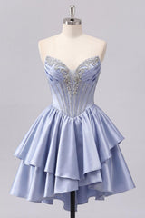 Sparkly Grey-Blue Beaded A-Line Corset Short Homecoming Dress with Ruffles