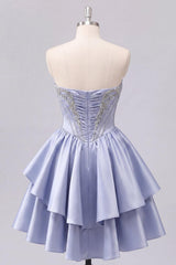 Sparkly Grey-Blue Beaded A-Line Corset Short Homecoming Dress with Ruffles