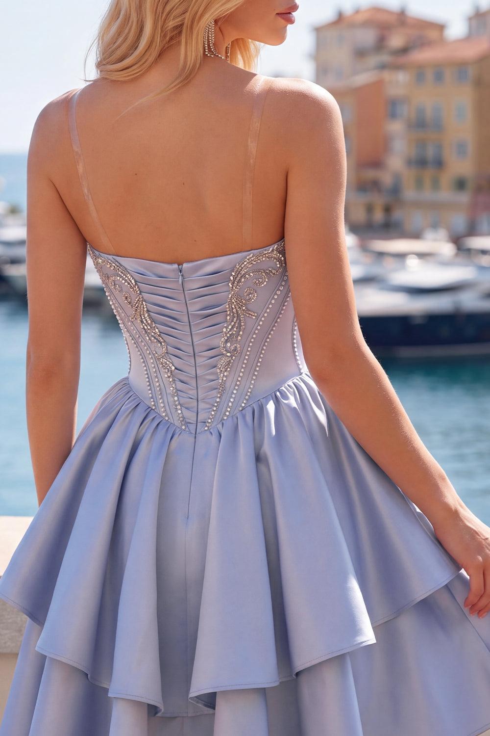 Sparkly Grey-Blue Beaded A-Line Corset Short Homecoming Dress with Ruffles