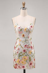 Sparkly Ivory Beaded Spaghetti Straps Floral Tight Short Homecoming Dress