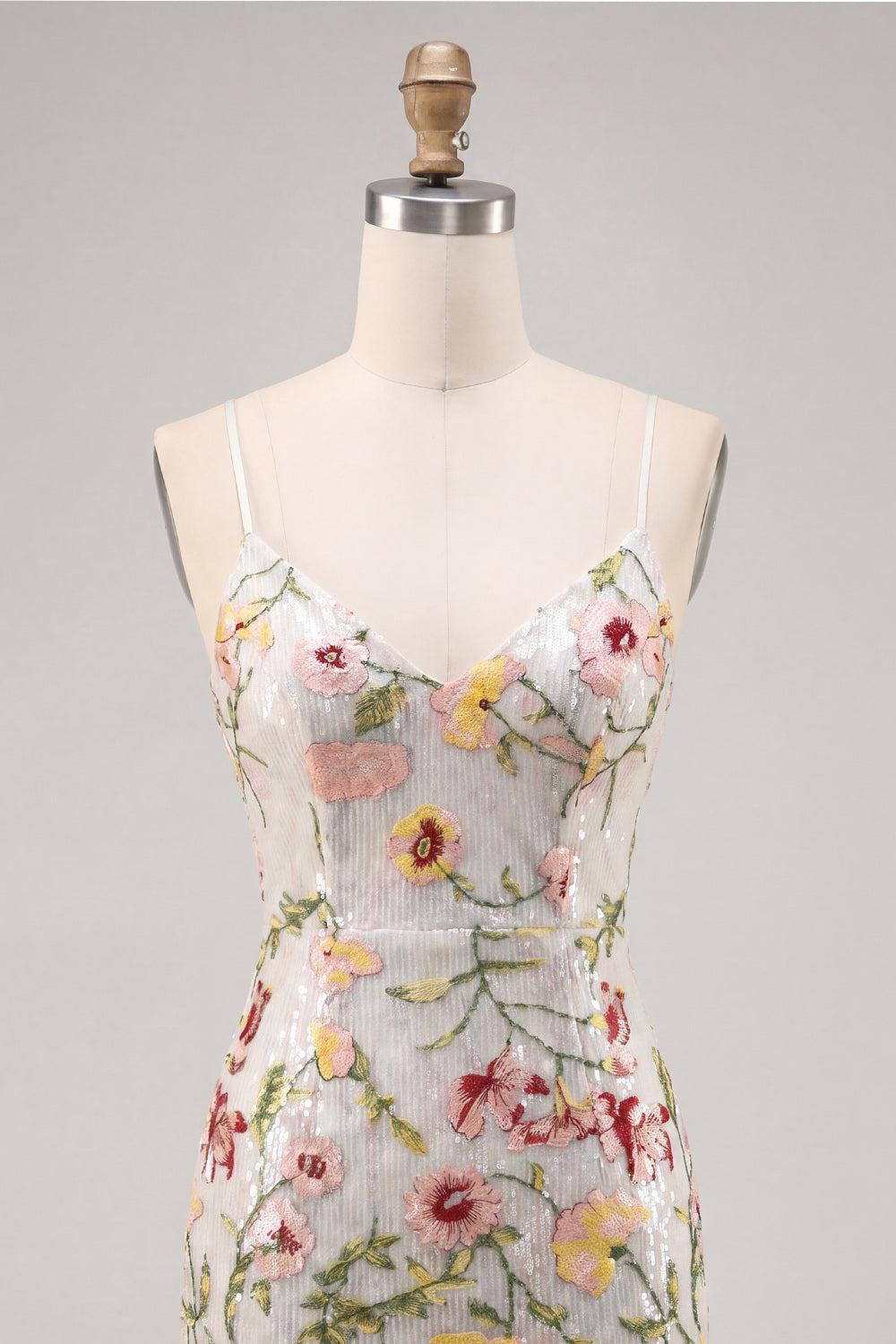 Sparkly Ivory Beaded Spaghetti Straps Floral Tight Short Homecoming Dress