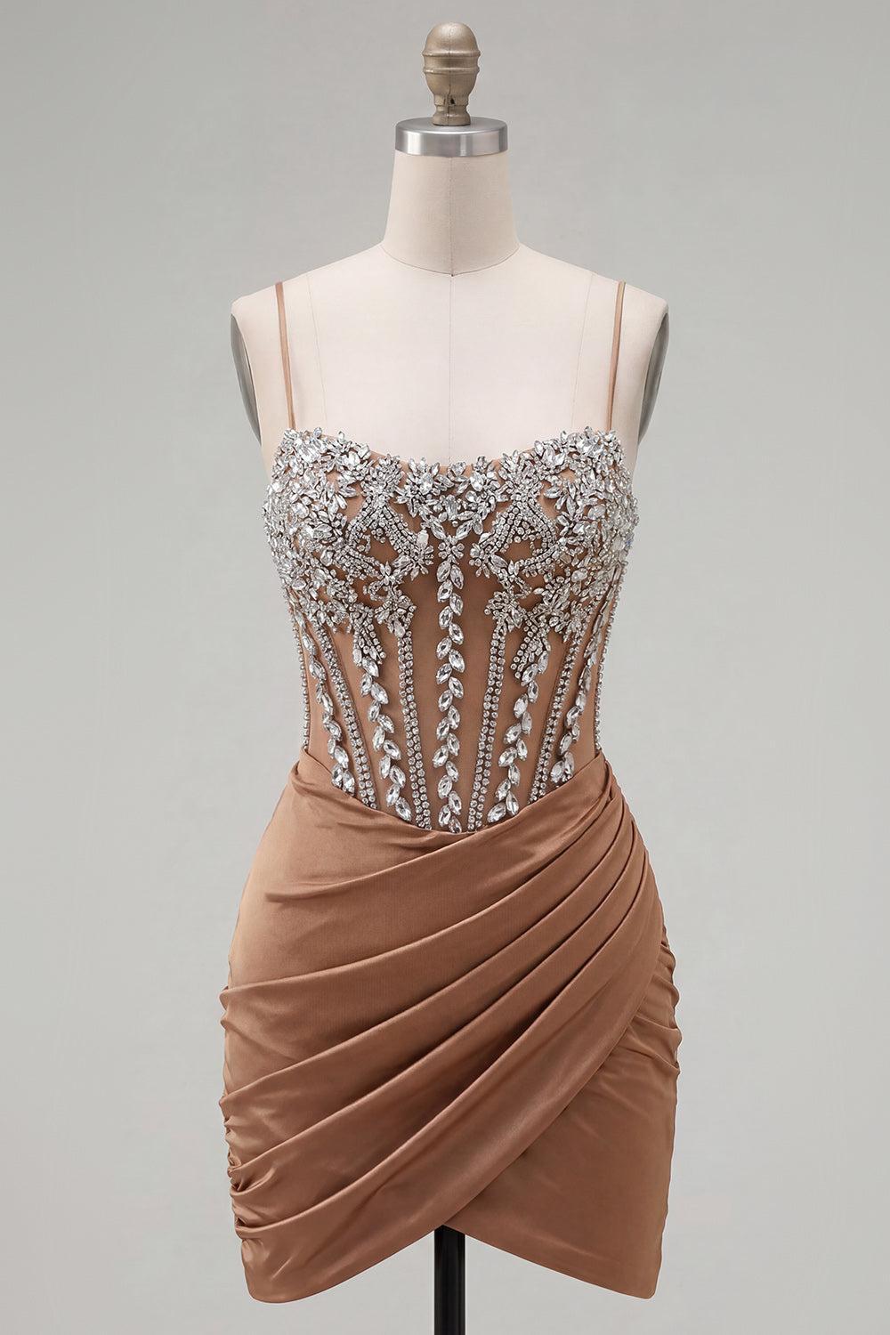 Sparkly Khaki Tight Ruched Short Corset Homecoming Dress with Rhinestones