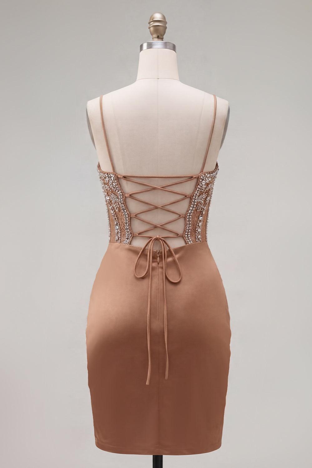 Sparkly Khaki Tight Ruched Short Corset Homecoming Dress with Rhinestones