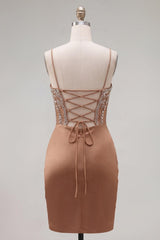 Sparkly Khaki Tight Ruched Short Corset Homecoming Dress with Rhinestones