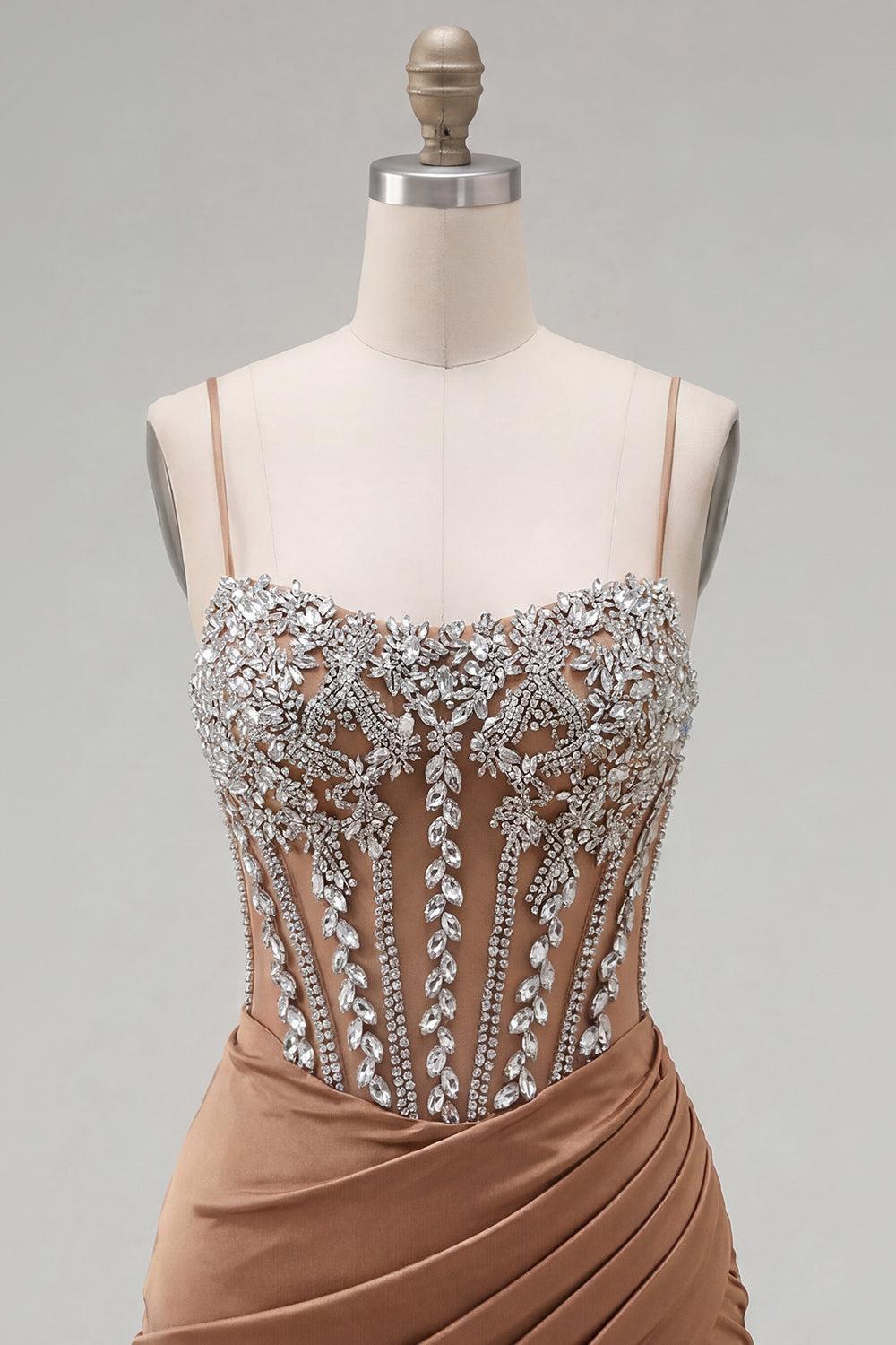 Sparkly Khaki Tight Ruched Short Corset Homecoming Dress with Rhinestones