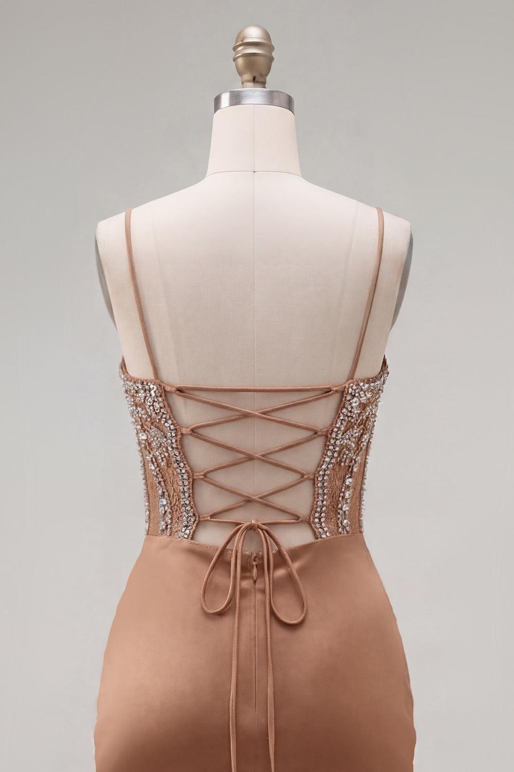 Sparkly Khaki Tight Ruched Short Corset Homecoming Dress with Rhinestones