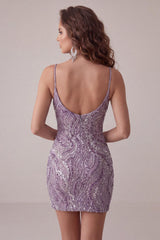 Sparkly Lilac Beaded Tight Short Homecoming Dress