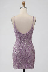 Sparkly Lilac Beaded Tight Short Homecoming Dress