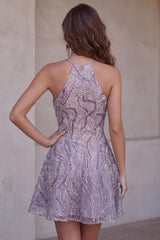 Sparkly Lilac Halter Beaded A-Line Short Homecoming Dress