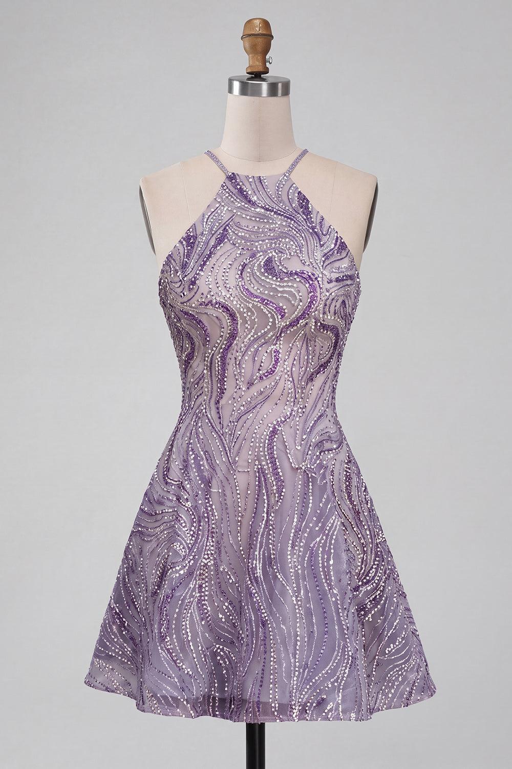 Sparkly Lilac Halter Beaded A-Line Short Homecoming Dress