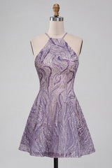 Sparkly Lilac Halter Beaded A-Line Short Homecoming Dress