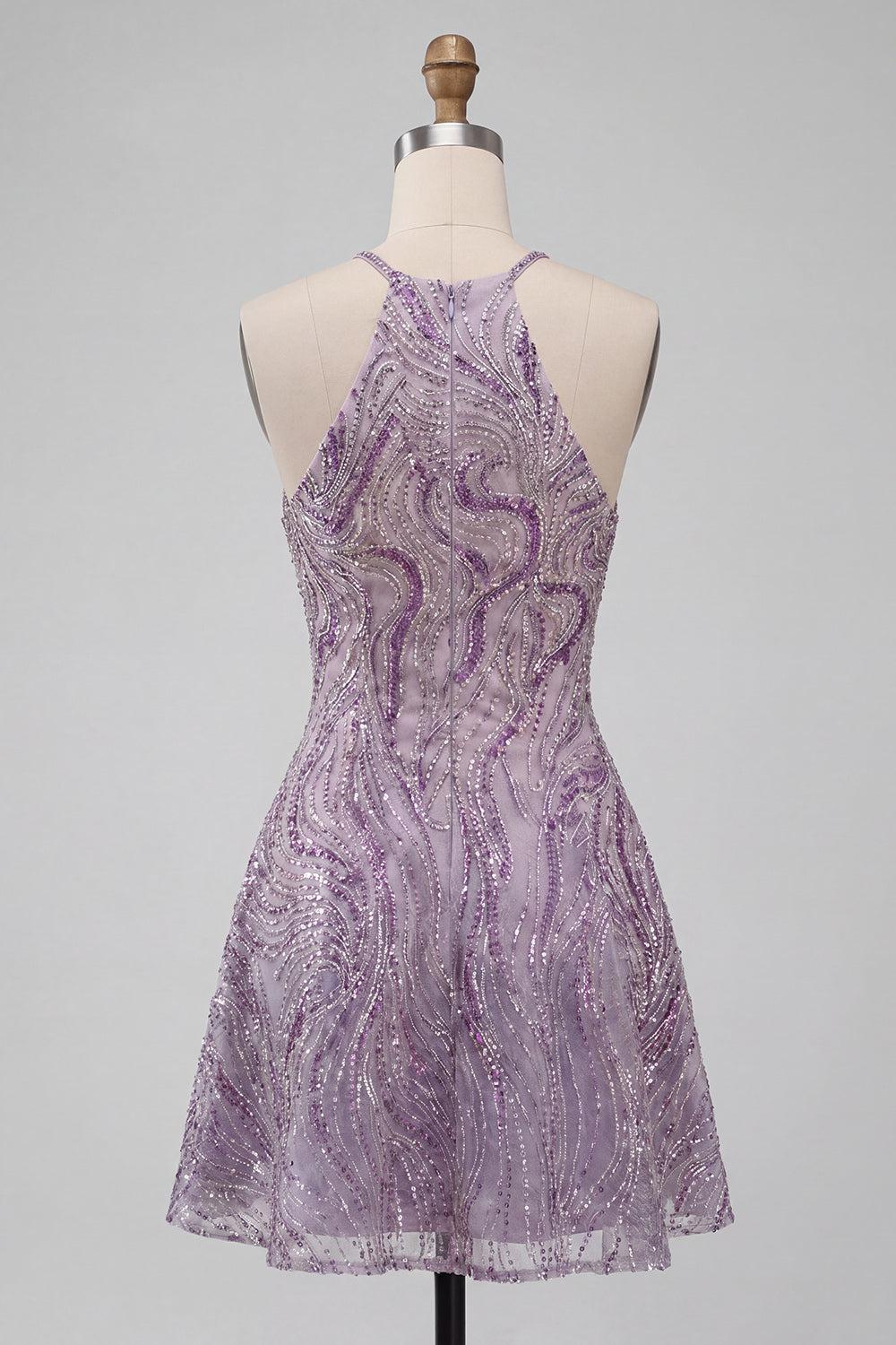 Sparkly Lilac Halter Beaded A-Line Short Homecoming Dress