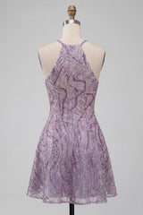 Sparkly Lilac Halter Beaded A-Line Short Homecoming Dress