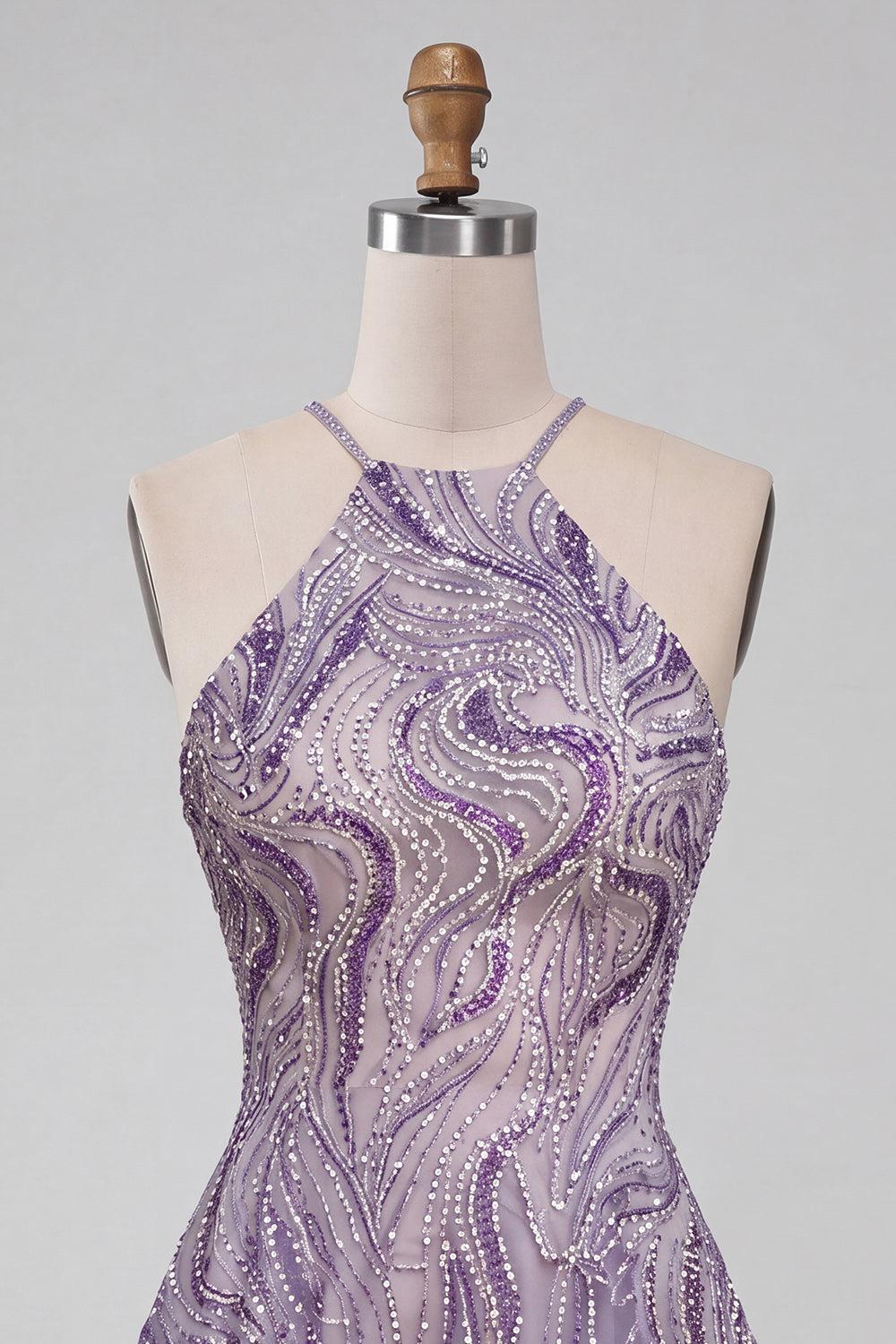 Sparkly Lilac Halter Beaded A-Line Short Homecoming Dress
