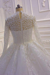 Sparkly Long Sleeve Wedding Dress Lace Ball Gown High Neck Tulle Bridal Gown