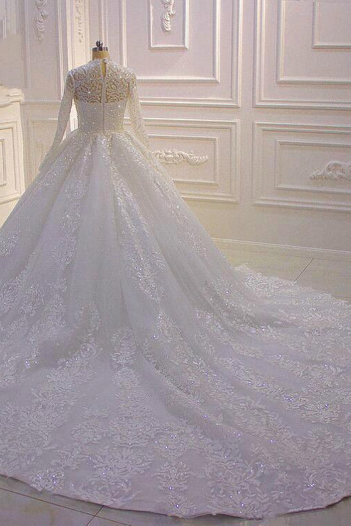 Sparkly Long Sleeve Wedding Dress Lace Ball Gown High Neck Tulle Bridal Gown