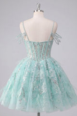 Sparkly Mint Cold Shoulder Floral Corset Short A Line Beaded Homecoming Dress